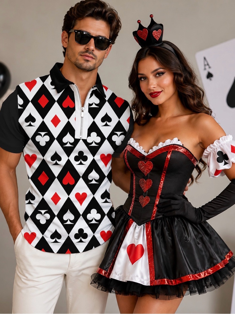 Men's Card Polo Shirt in Black, White & Red